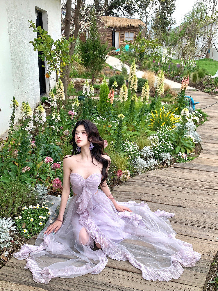 Strapless Lilac A Line Wedding Guest Dress Ruffled Party Dress P705