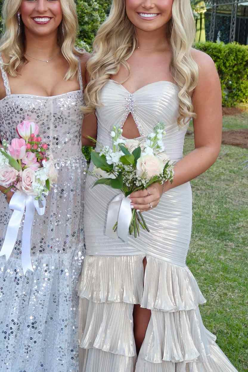 Strapless Metallic Mermaid Ruffles Prom Dress With Slit P2570