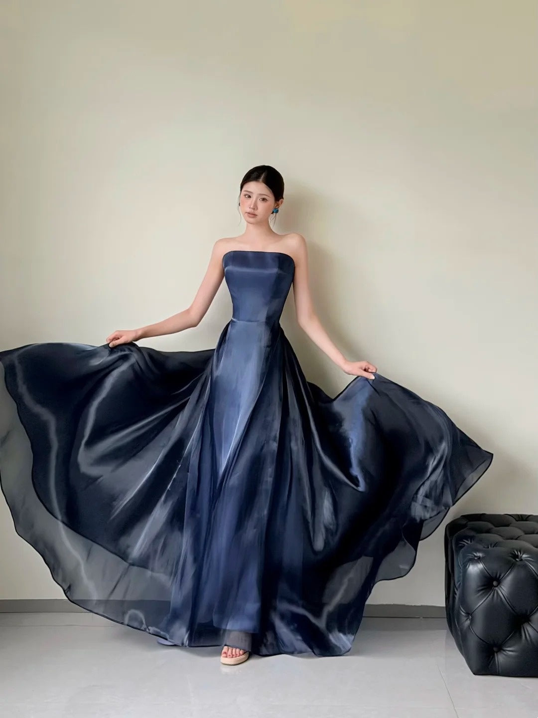 Strapless Navy Blue A Line Prom Dress Formal Wedding Guest Dress P1714