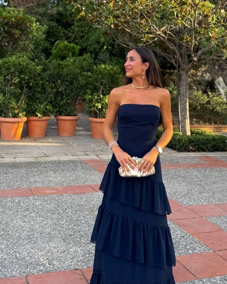 Strapless Navy Blue Formal Prom Dresses Ruffled Wedding Guest Dress P1035