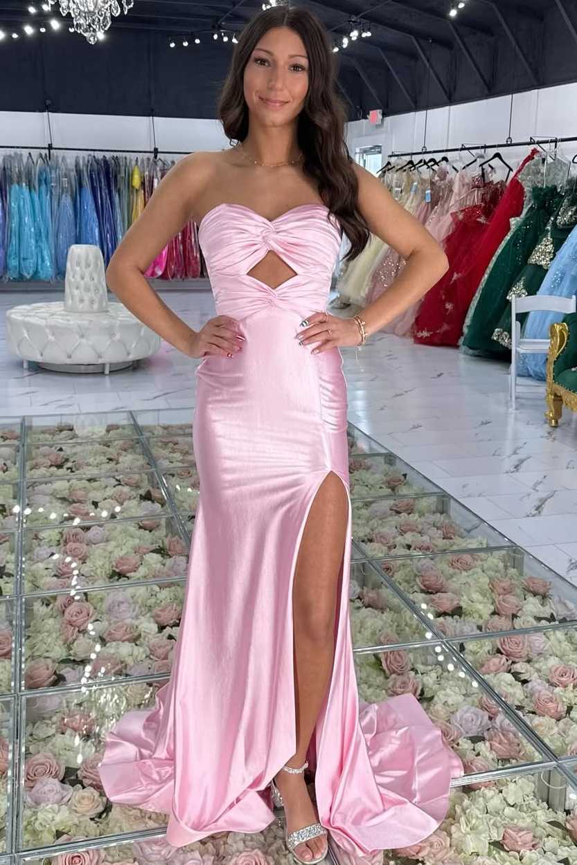 Strapless Pink Satin Mermaid Prom Dress With Slit P2585