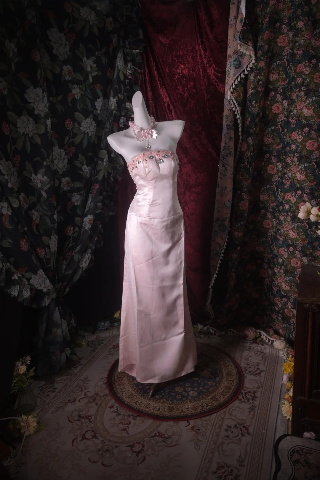 Strapless Pink Satin Retro Formal Prom Dress Elegant Evening Gown P2656