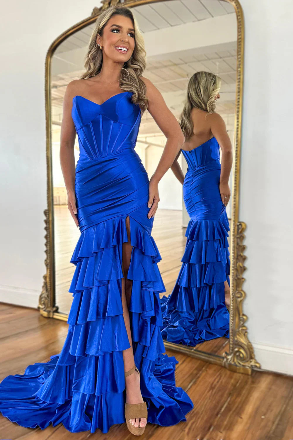 Strapless Royal Blue Satin Mermaid Prom Dress Layered Formal Evening Dress P964