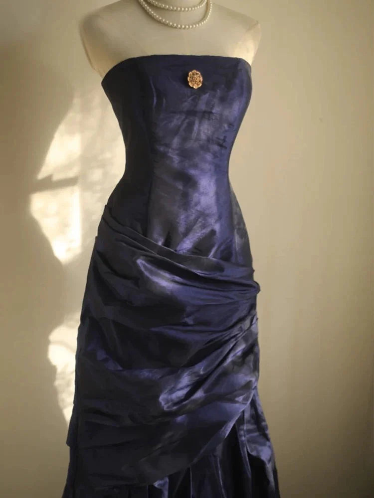 Strapless Ruched Navy Blue Taffeta Vintage Long Prom Dresses P725