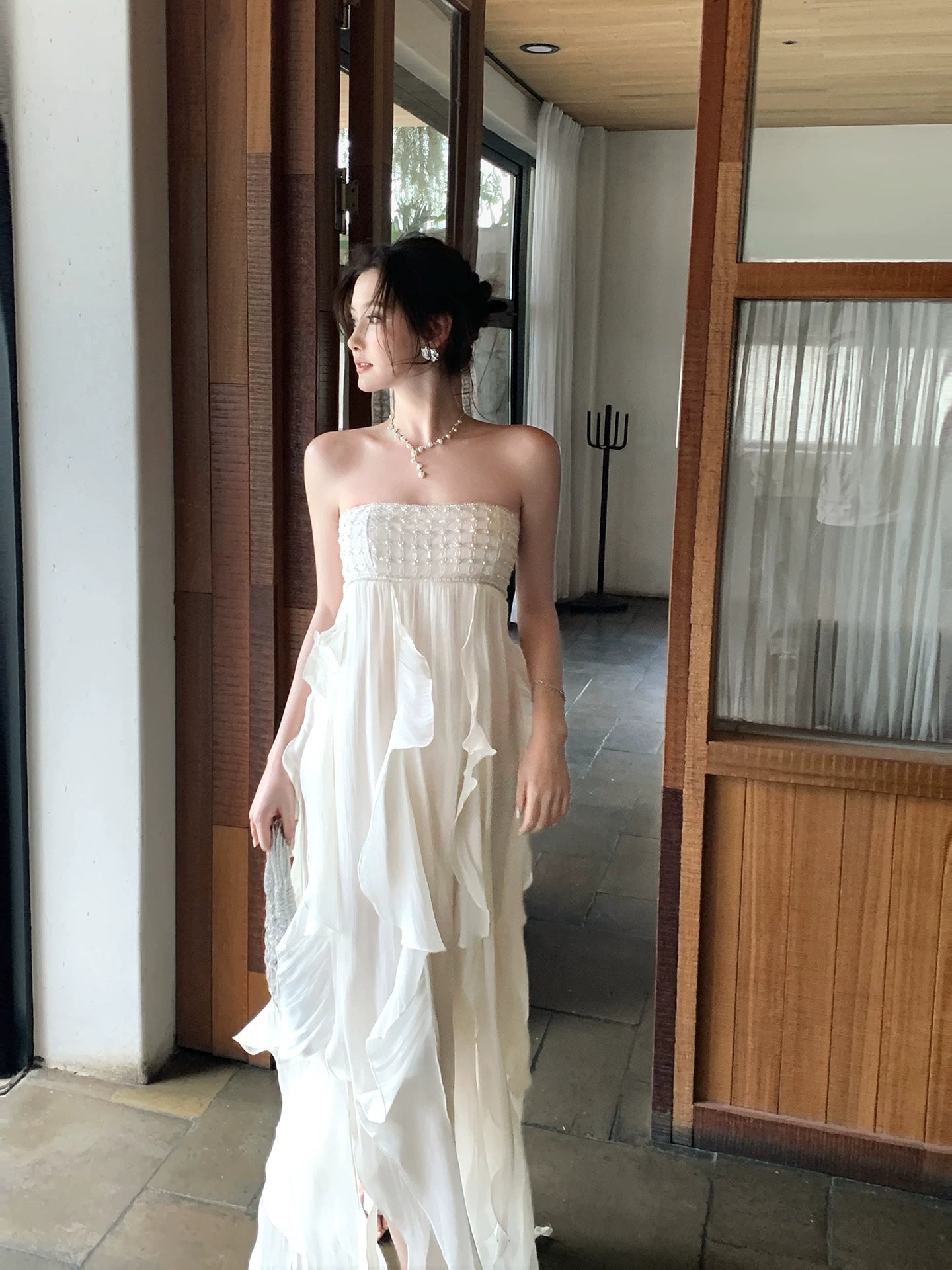 Strapless Ruffled Wedding Dress Fairy Summer Dress P1619