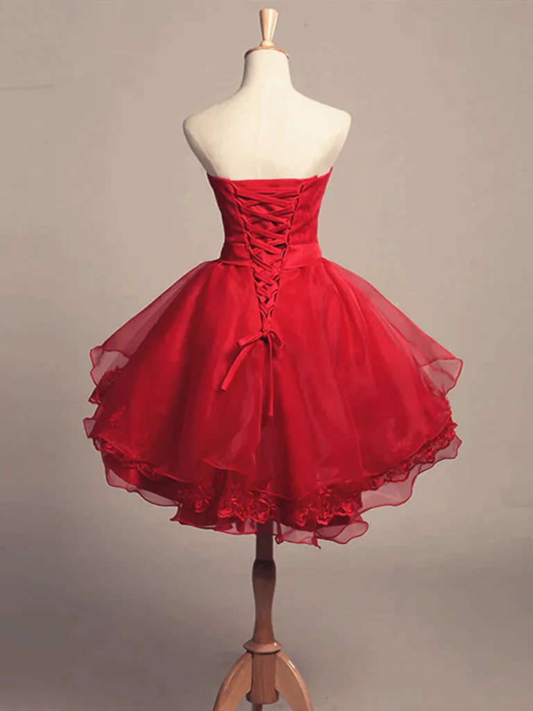 Strapless Short Red Chiffon Lace Homecoming Dresses P2351