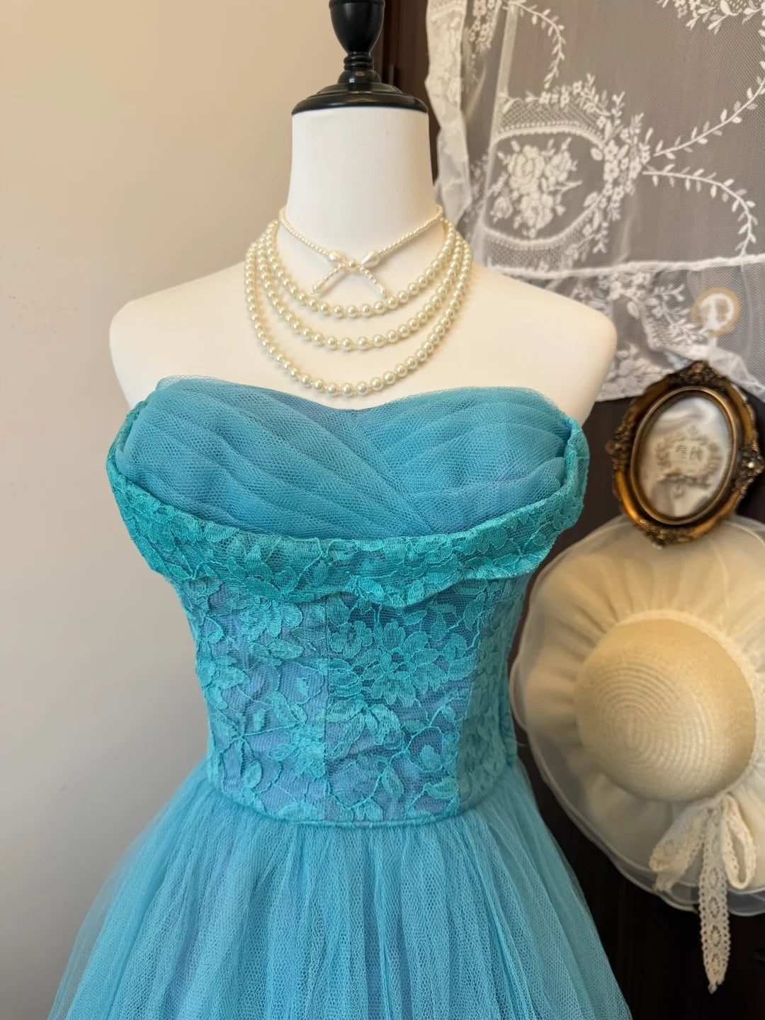 Strapless Tulle A Line Formal Prom Dress Lace Evening Gown P1818