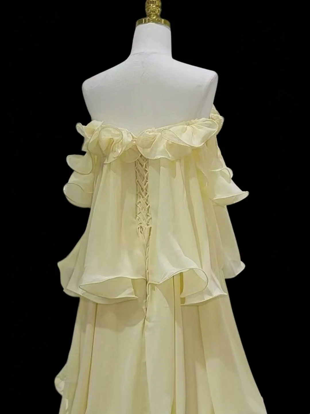 Strapless Yellow Chiffon Prom Dress Ruffled A Line Wedding Guest Dress P810