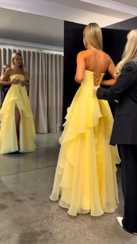 Strapless Yellow A-Line Ruffled Prom Dresses With Slit P1082
