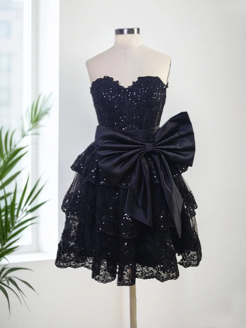 Sweetheart Black Lace Homecoming Dress Layered Birthday Dress With Bow Knot P2262