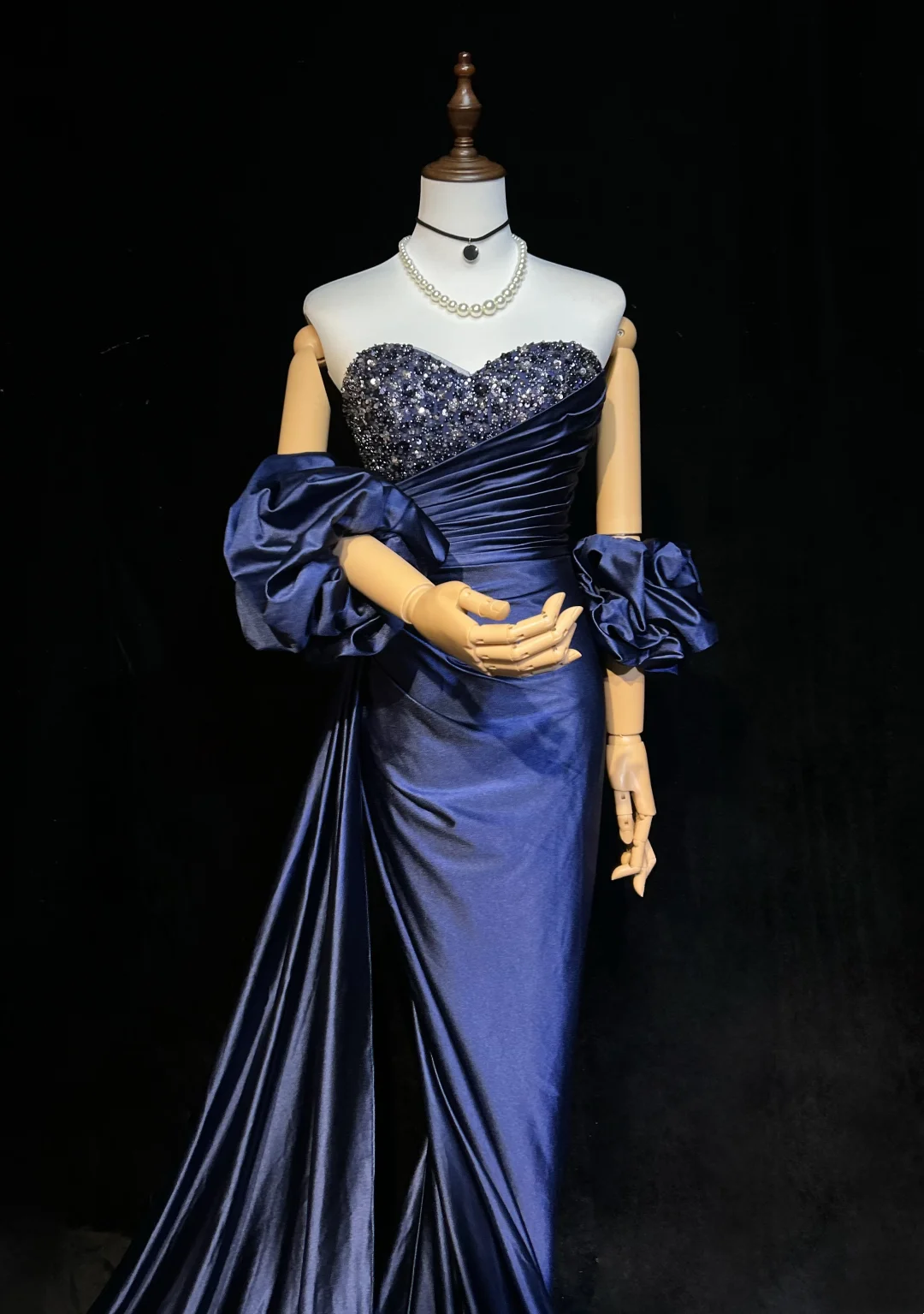 Sweetheart Navy Blue Satin Prom Dress Vintage Mermaid Evening Dress P830