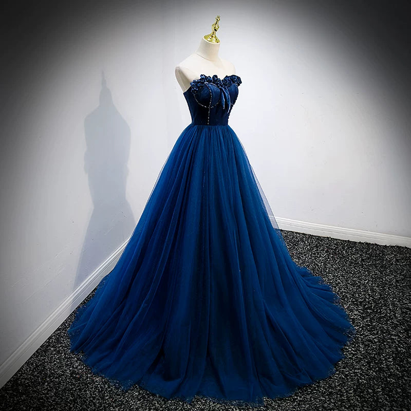 Sweetheart Navy Blue Tulle Prom Dress A Line Velvet Birthday Gown P1260