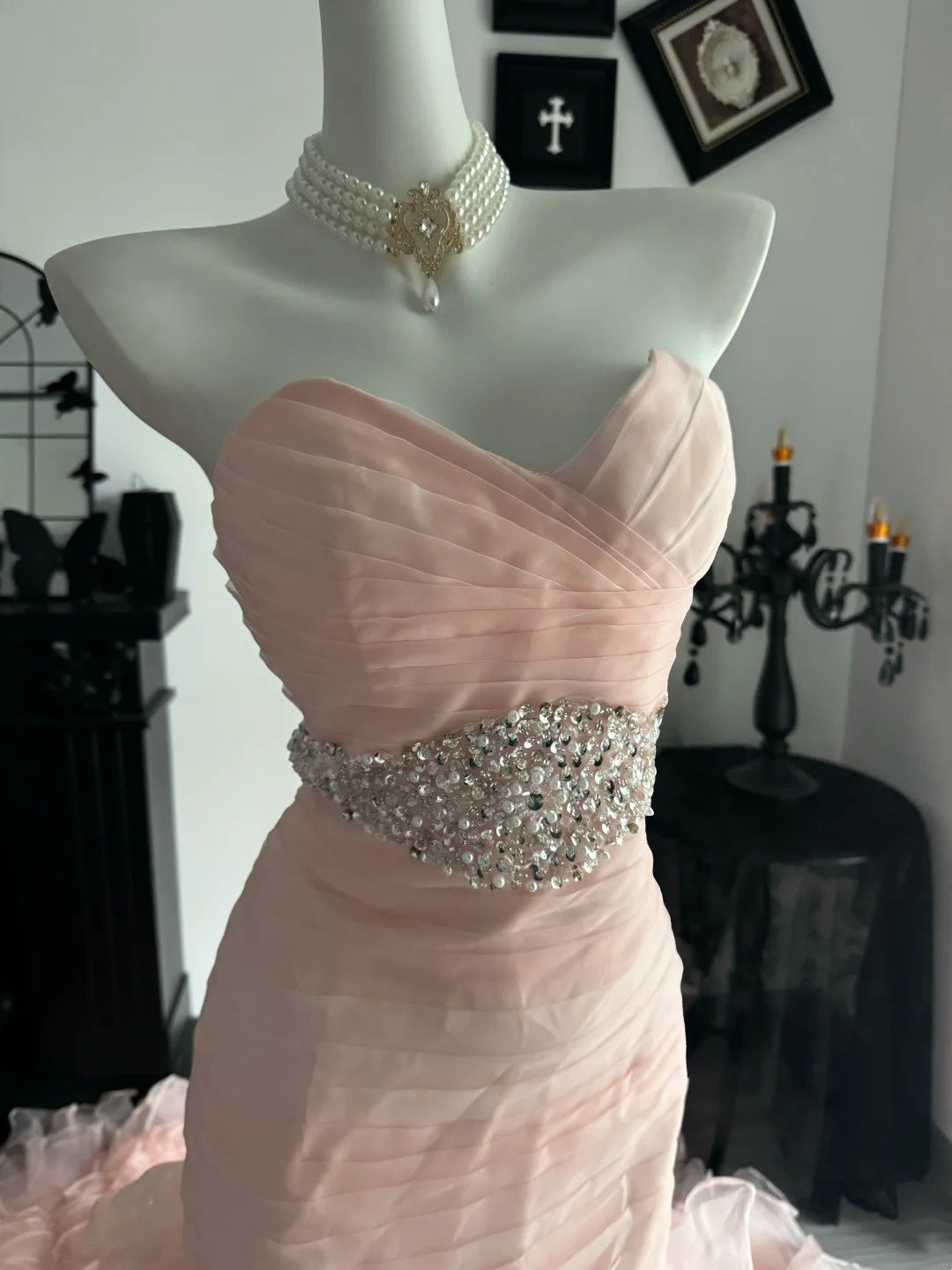 Sweetheart Neck Pink Mermaid Layered Prom Dress Beaded Evening Gown P2674