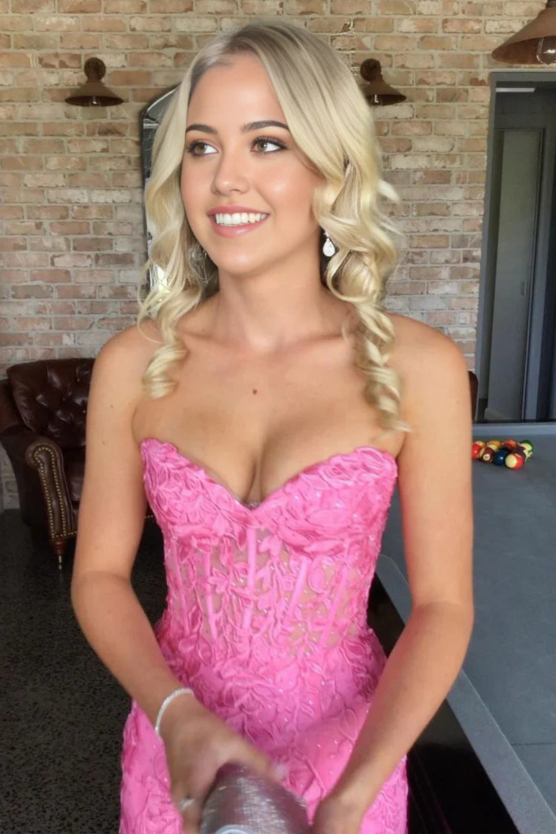 Sweetheart Pink Mermaid Appliques Long Prom Dress With Slit P708