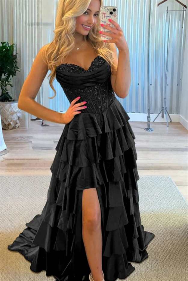 Sweetheart Tiered Long Formal Prom Dress With Slit P2516