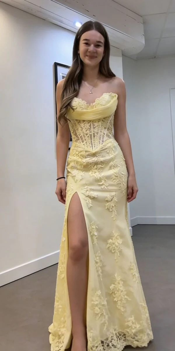 Sweetheart Yellow Mermaid Senior Prom Dresses With Appliques P819