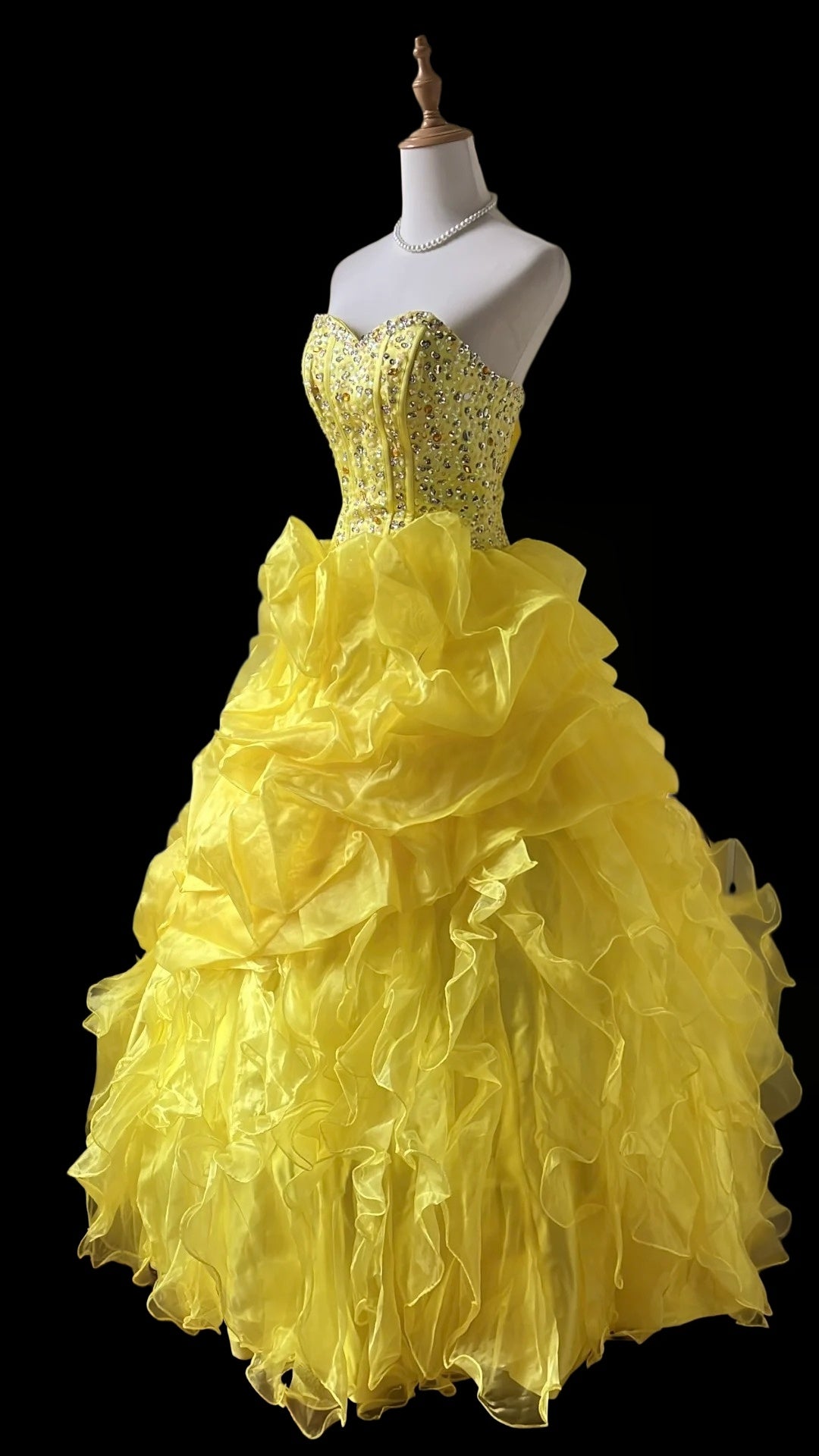 Sweetheart Yellow Organza Birthday Gown A Line Ruffled Formal Prom Dress P1887
