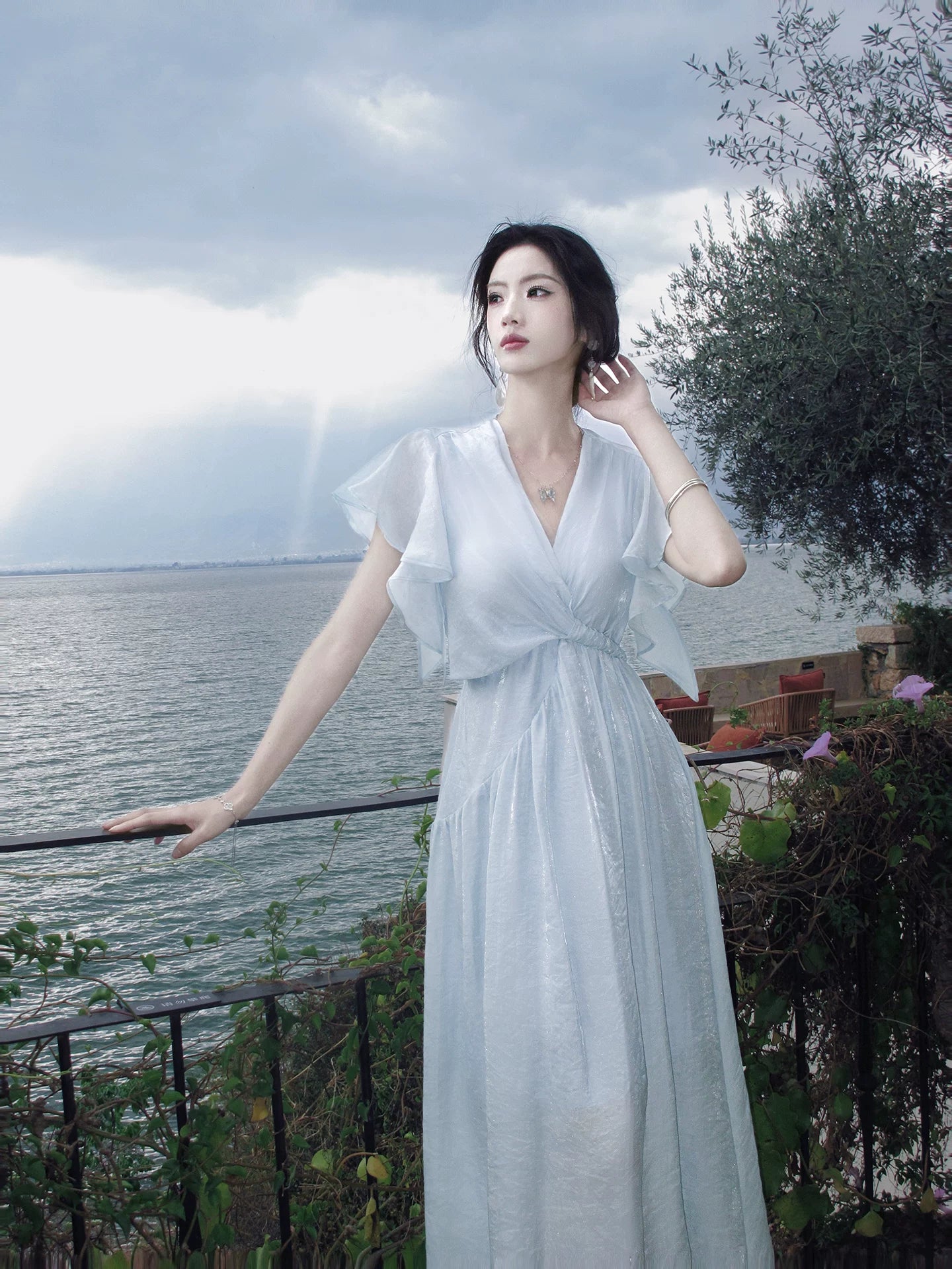 V Neck A Line Blue Modest Wedding Guest Dress P1637