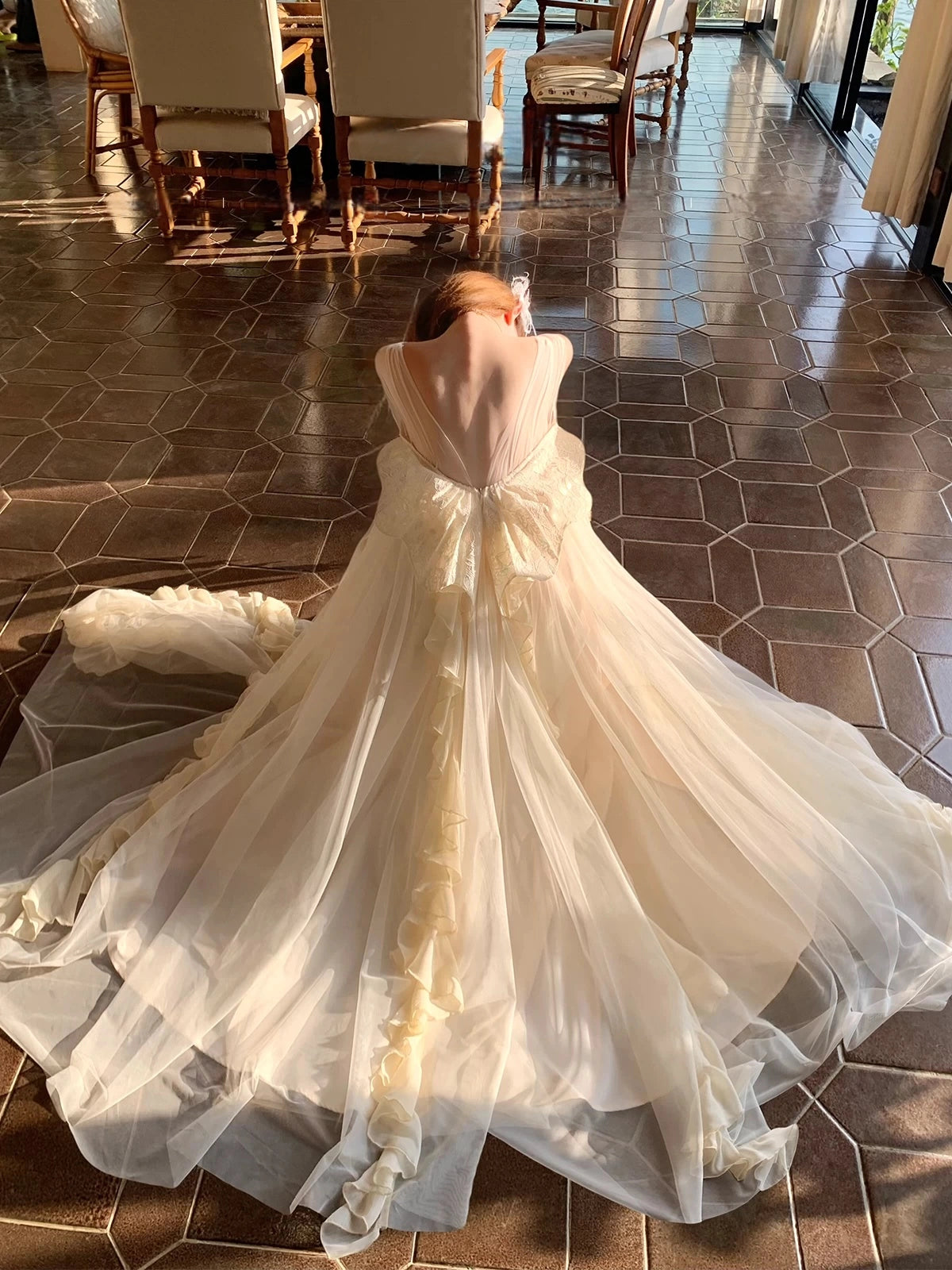 V Neck A Line Ruffled Wedding Dress Open Back Birthday Gown P1406