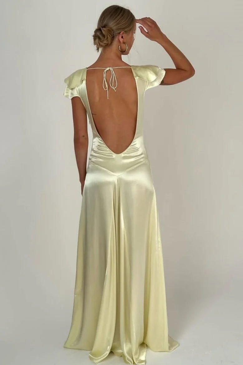 V Neck Backless A Line Satin Prom Dress Ruffled Wedding Guest Dress P1004