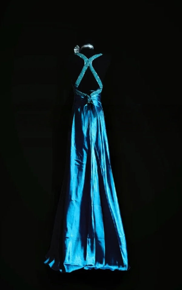 V Neck Blue Satin Formal Prom Dress Beaded Evening Gown P1771