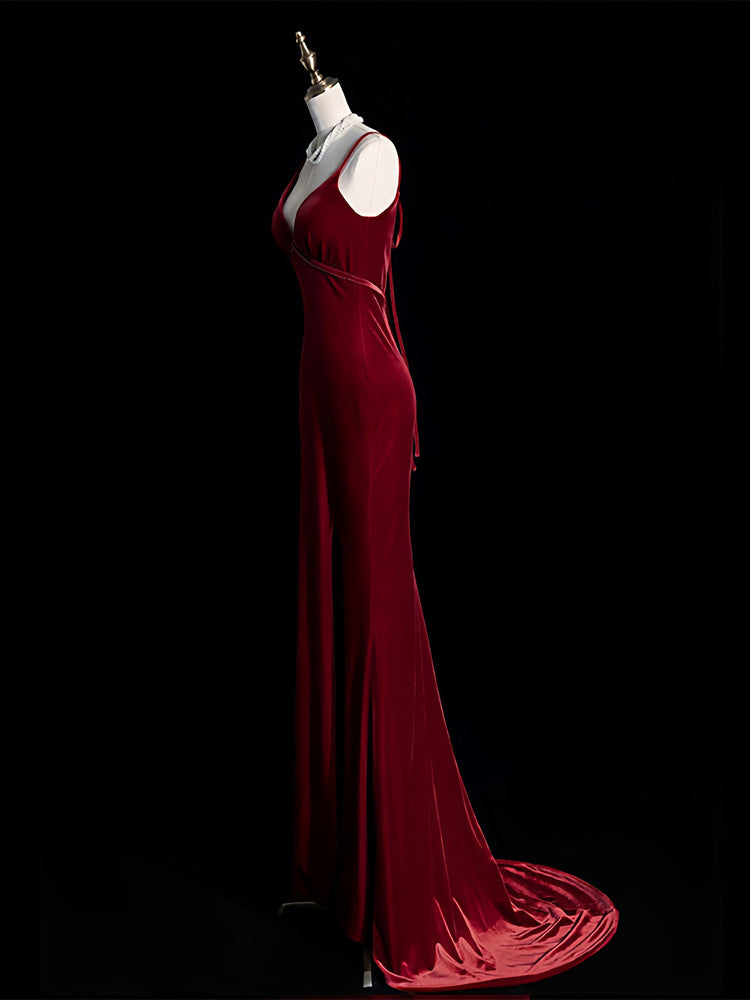 V Neck Burgundy Velvet Prom Dress with Slit Mermaid Evening Dress P888