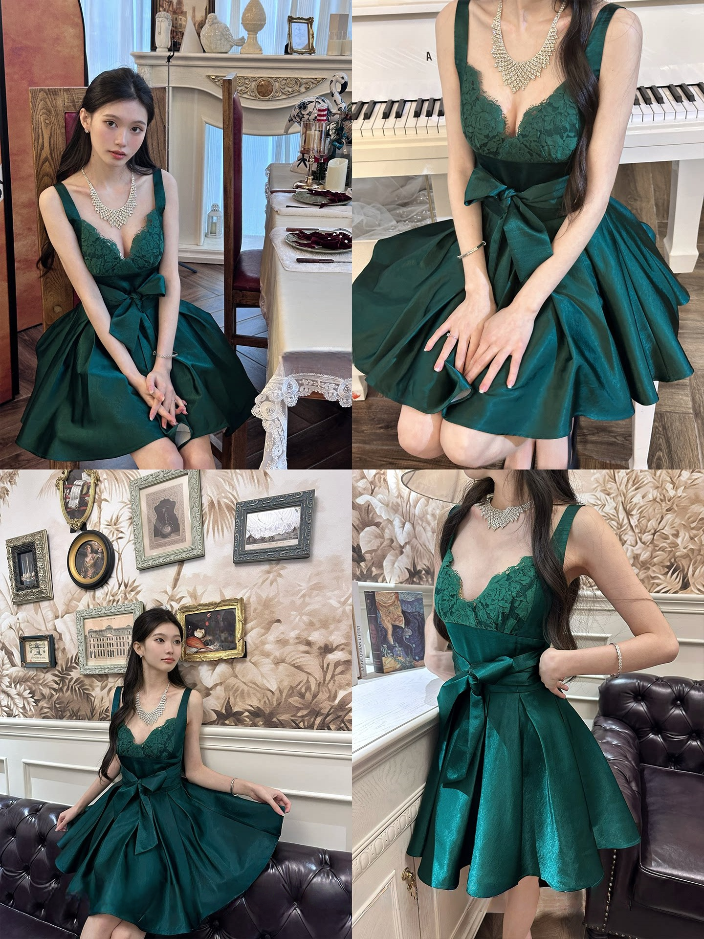 V Neck Emerald Green Satin Short Homecoming Dress A Line Birthday Dress P937