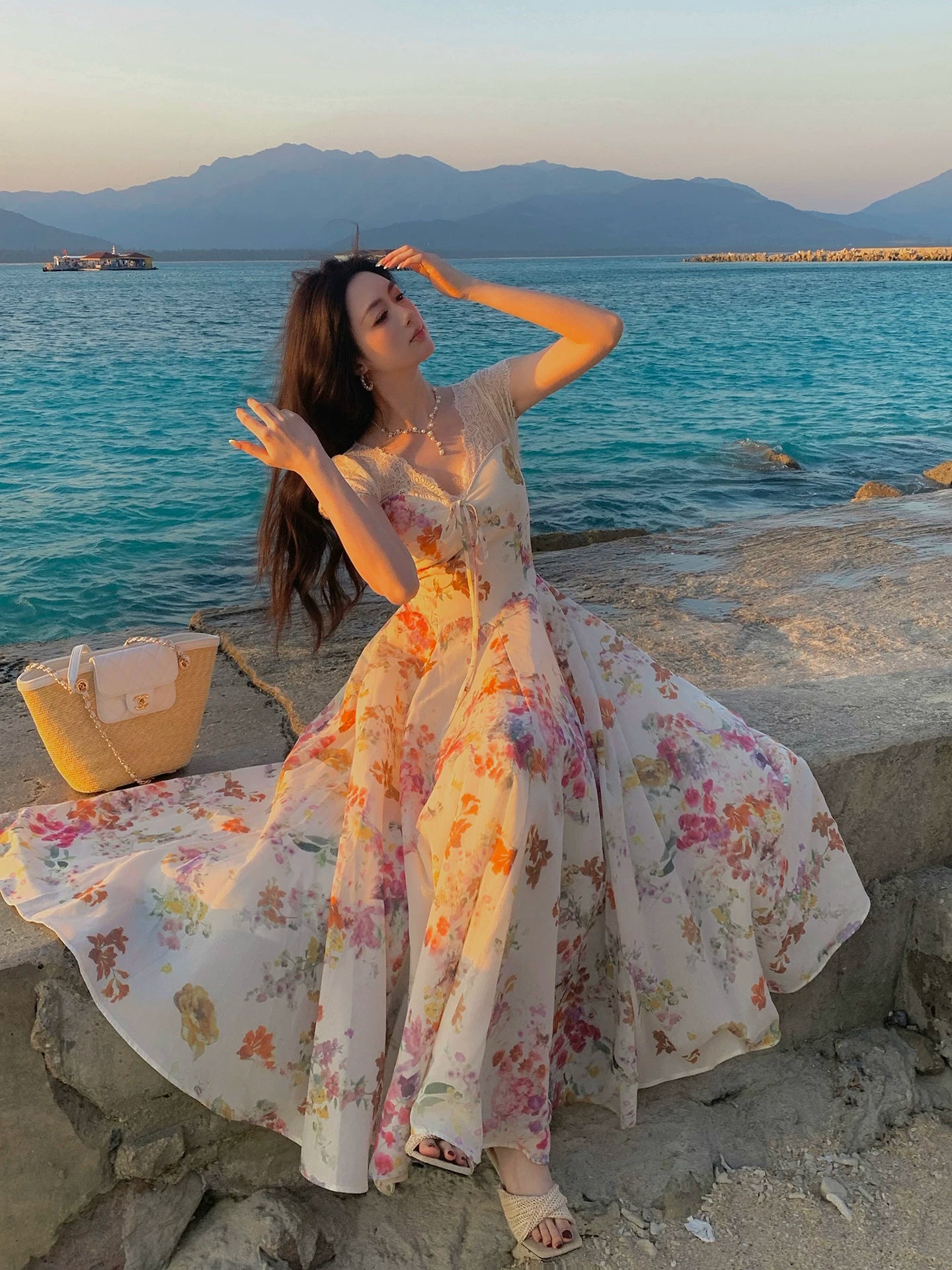 V Neck Flora Summer Dress A Line Long Dress L142