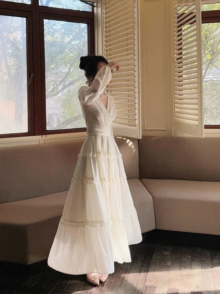V Neck Long-Sleeve Tiered Ivory Chiffon Long Wedding Guest Dress P733