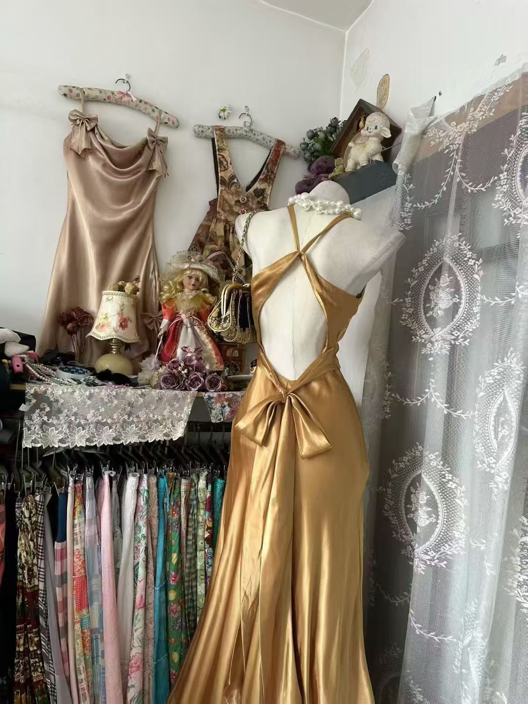 V Neck Mermaid Gold Champagne Prom Dress Open Back Evening Gown P2071
