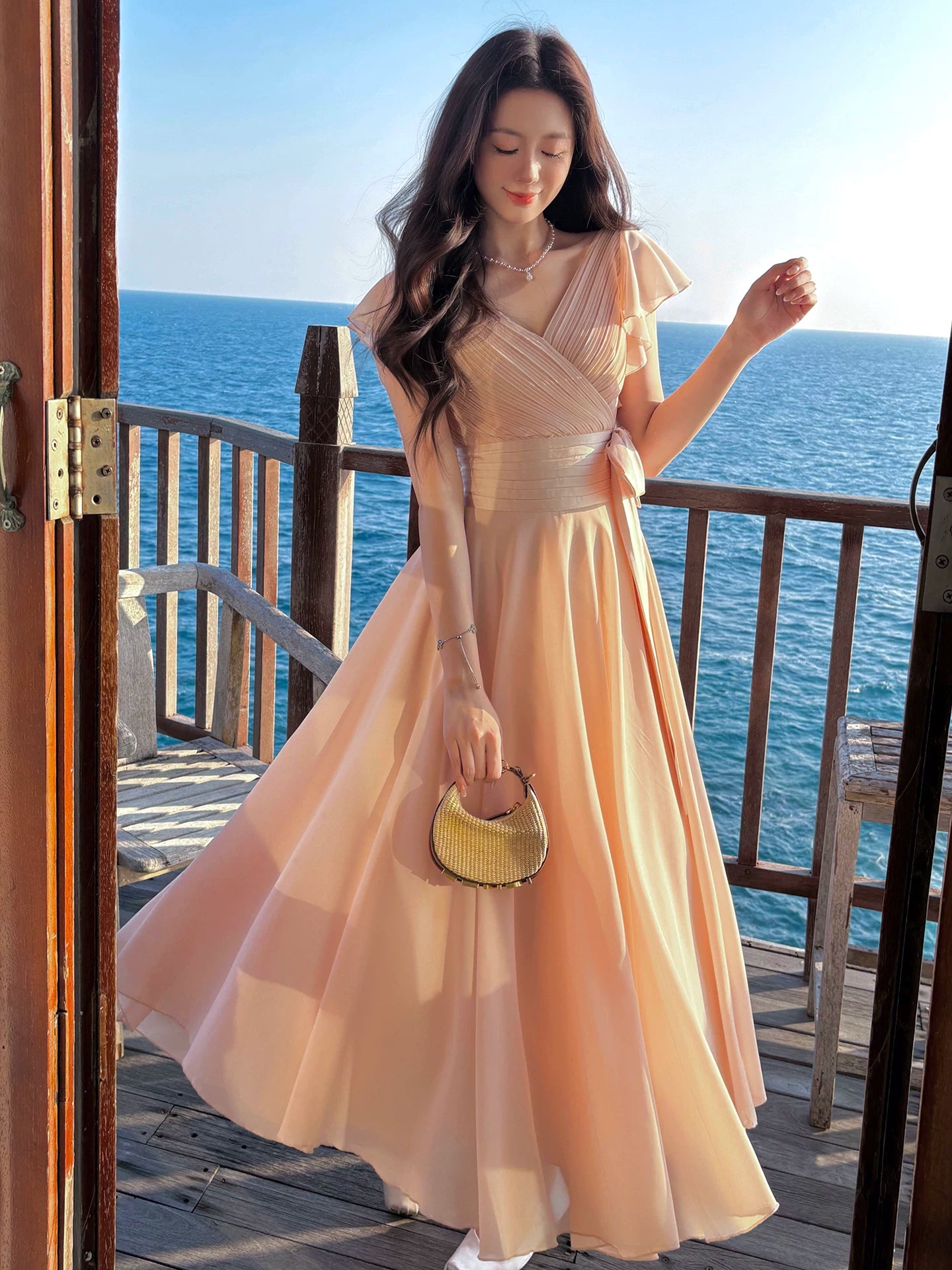 V Neck Pink Chiffon Wedding Guest Dress P1552