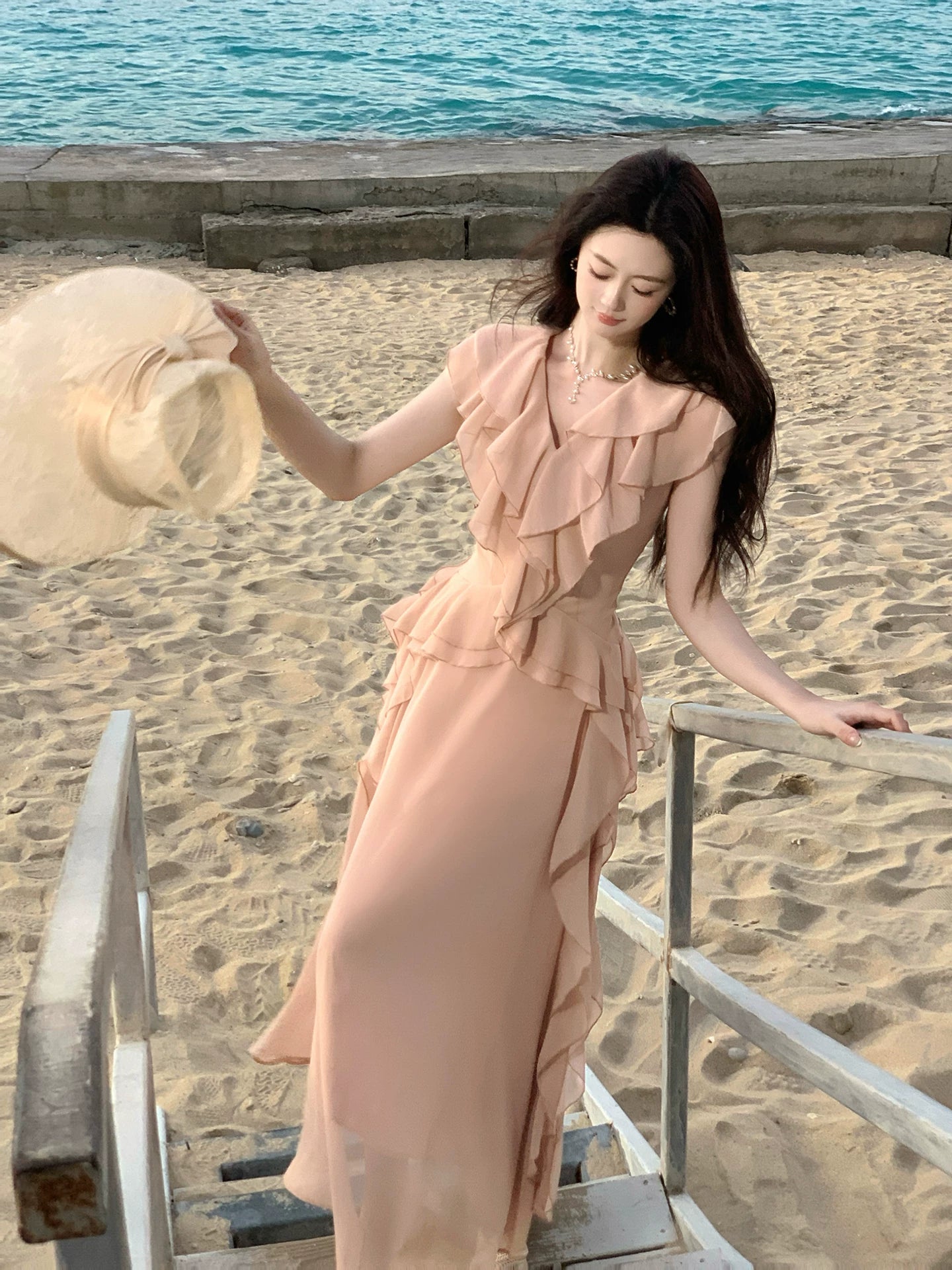 V Neck Pink Chiffon Wedding Guest Dress Ruffled Summer Dress P1596