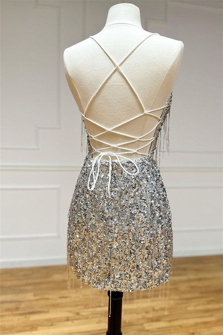 V Neck Silver Sequin Homecoming Dress Sparkle Birthday Dress P2129