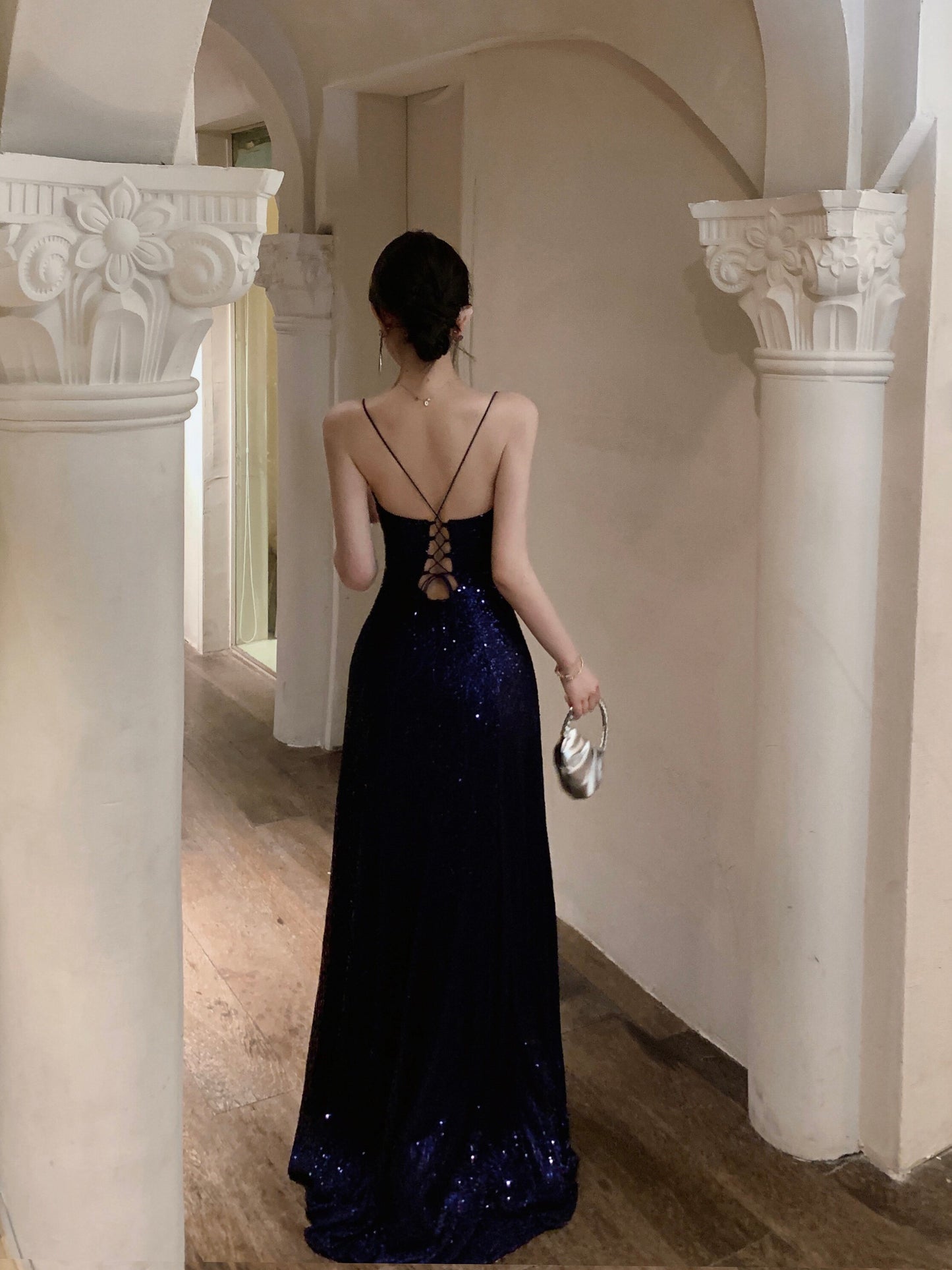 V Neck Navy Blue Sequins Prom Dress With Slit P821