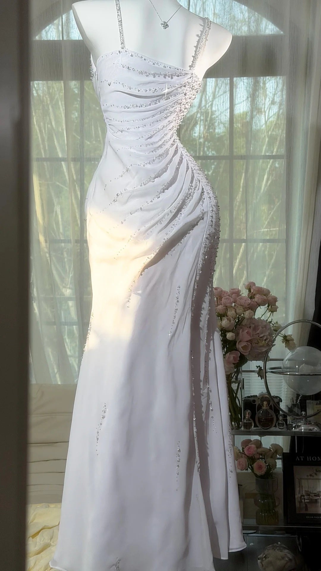 White Chiffon Mermaid Wedding Dress Beading Formal Evening Gown P1208