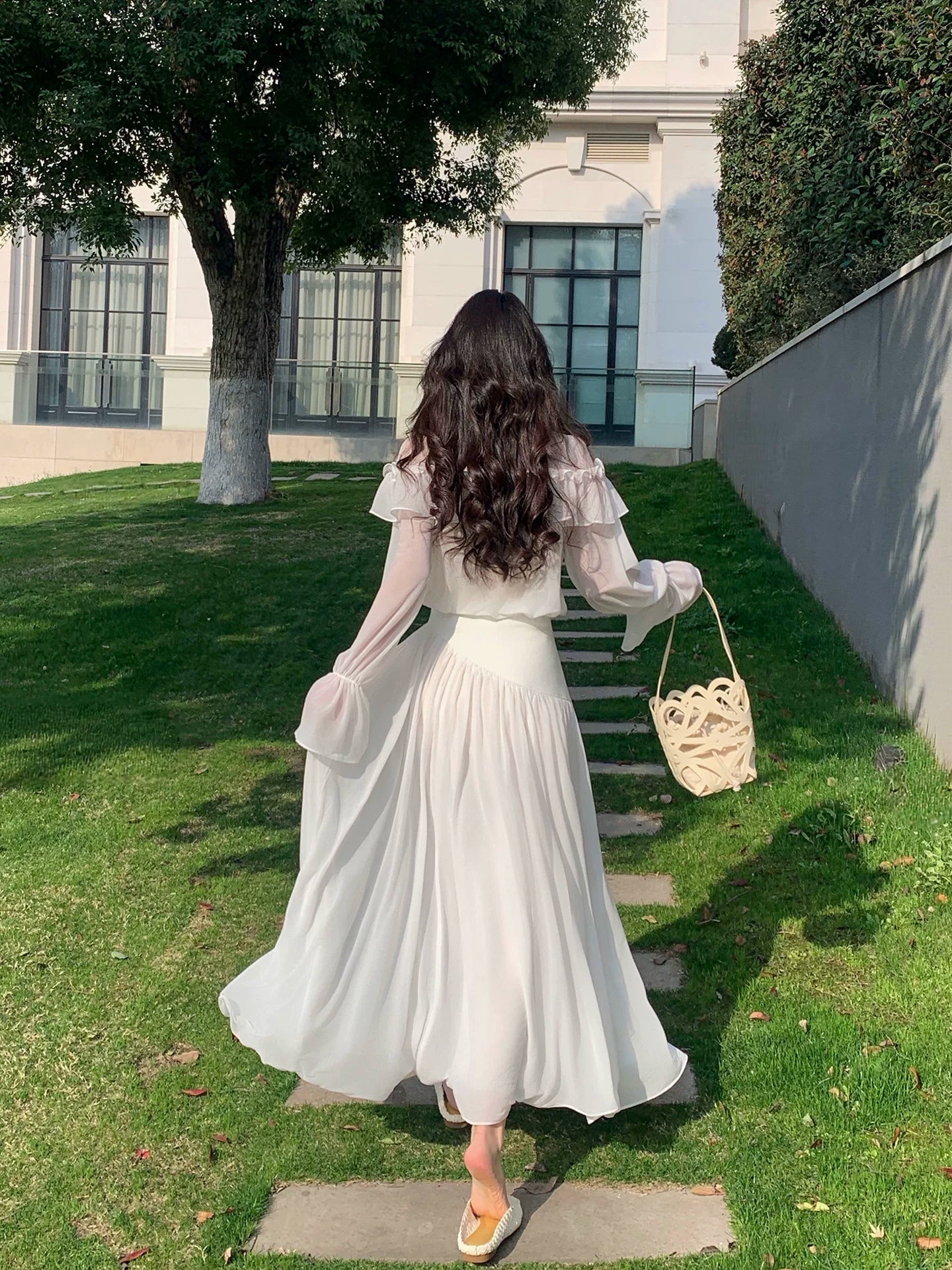 White Long-sleeve Top and Summer Mesh Long Dress Set L146