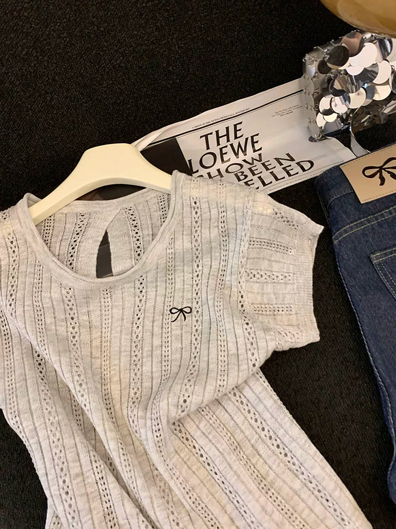 Women's Hollow-out Short-sleeve Knitted Top L125