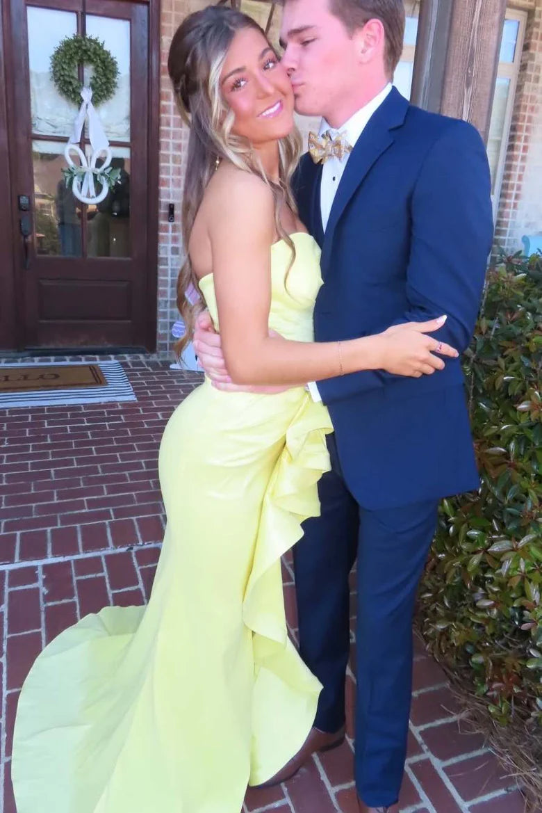 Yellow Strapless Ruffles Mermaid Prom Dress With Slit P1148