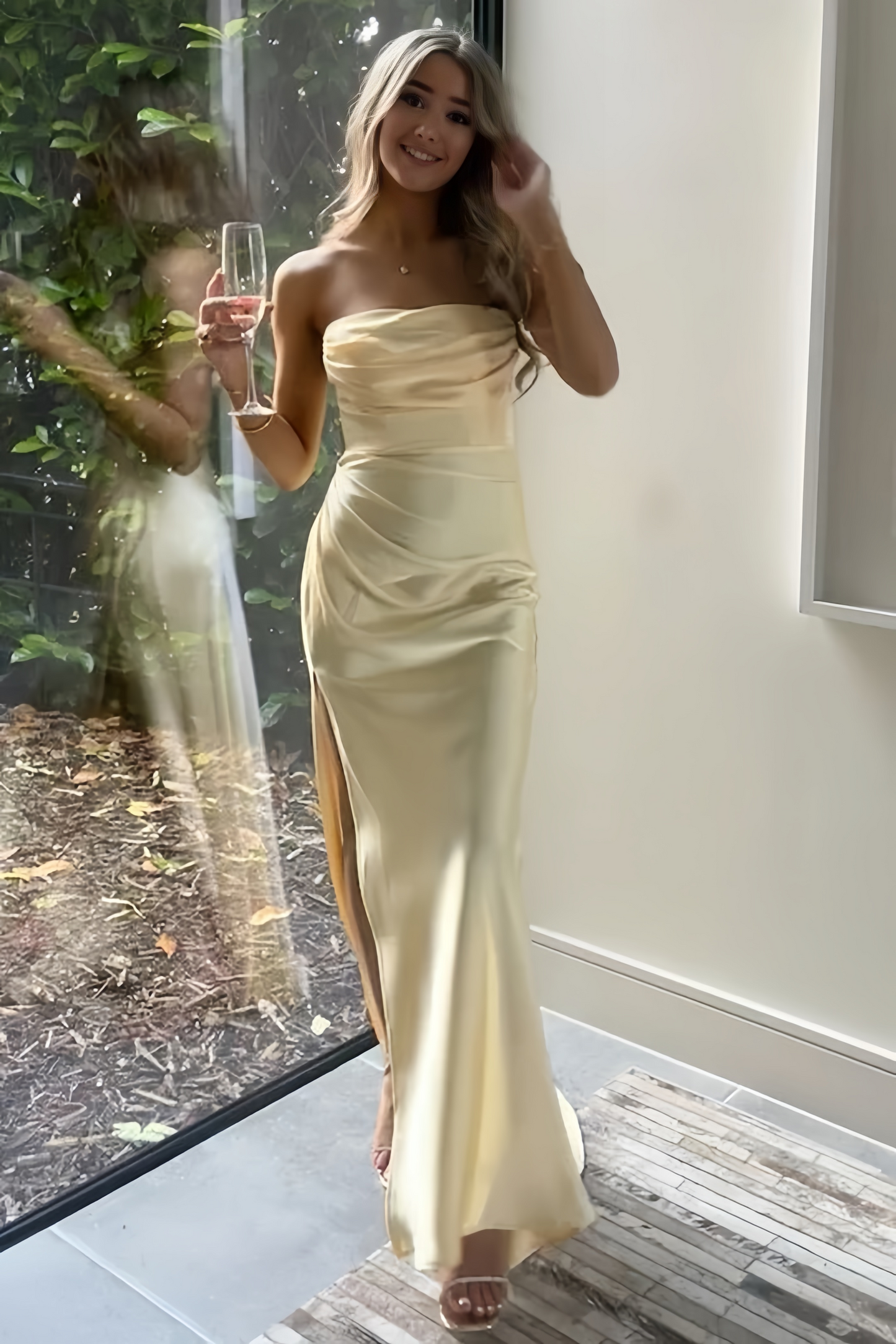 Yellow Strapless Satin Formal Prom Dress With Side Slit P835
