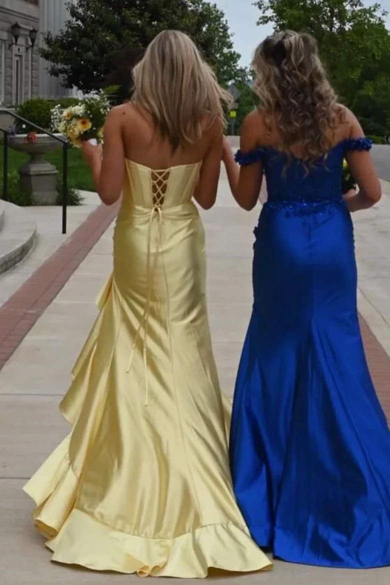 Yellow Strapless Satin Ruffles Prom Dress With Slit P858