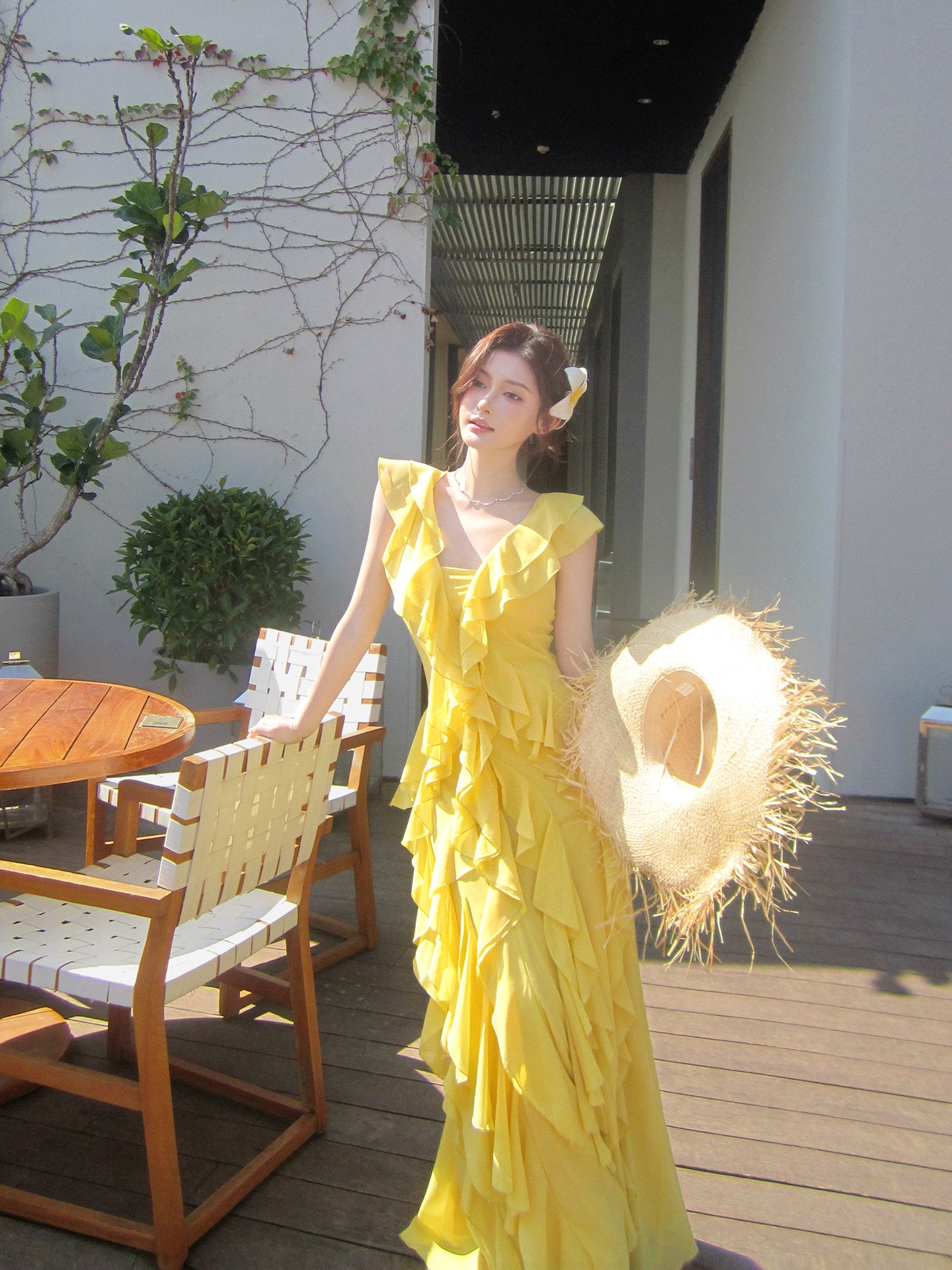 Yellow Ruffled A Line Chiffon Wedding Guest Dress Holiday Dress P674