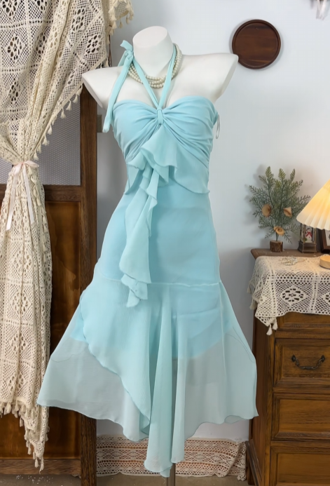 Halter Blue Chiffon Homecoming Dress Ruffled Party Dress P1477