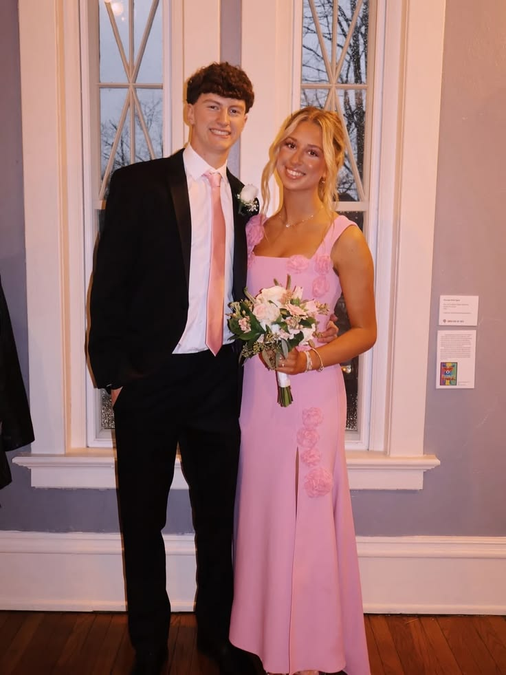 Pink Floral Slit A-Line Floor Length Gown P1041