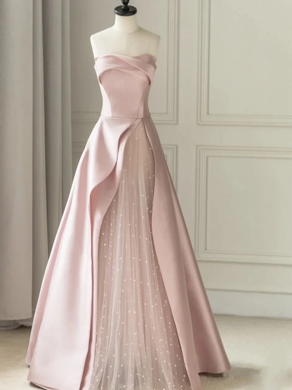 A Line Floor Length Evening Gown Slit with Tulle Strapless Prom Dress P11