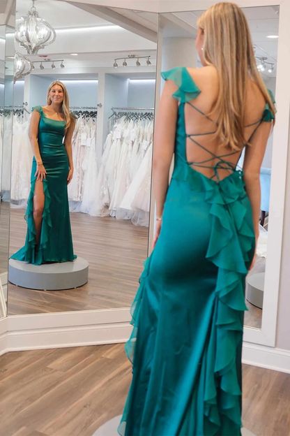 Emerald Green Square Neck Ruffle Slit Prom Dress P17