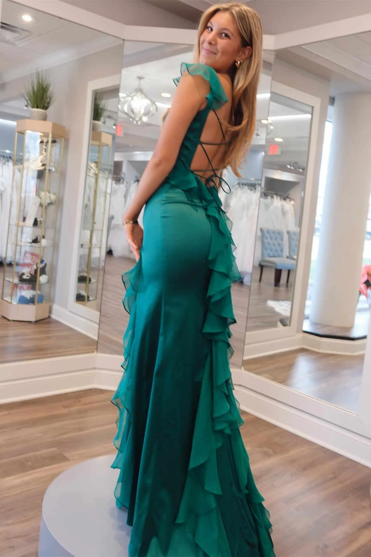 Emerald Green Square Neck Ruffle Slit Prom Dress P17