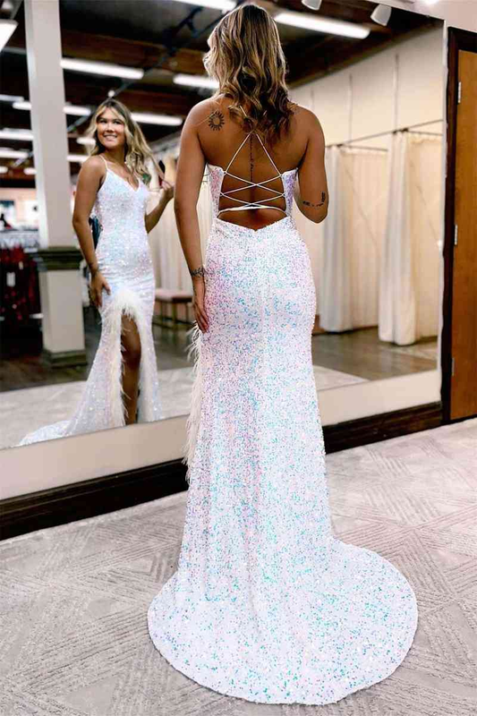 Mermaid V Neck Sequins Long Prom Dress with Slit P19