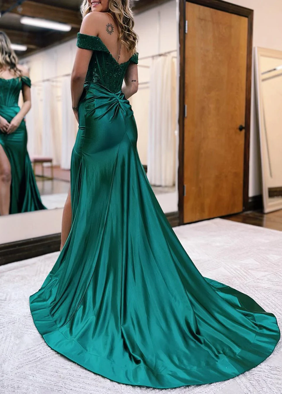 Mermaid Off the Shoulder Satin Prom Dress with Slit P2