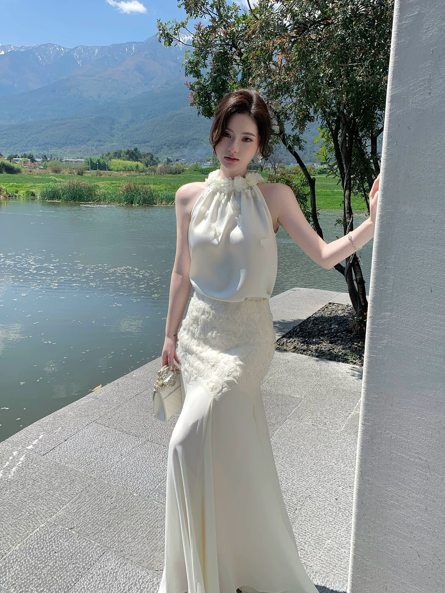 3d Flower Lace 2 Pcs Set Wedding Dress for Bridal  L97