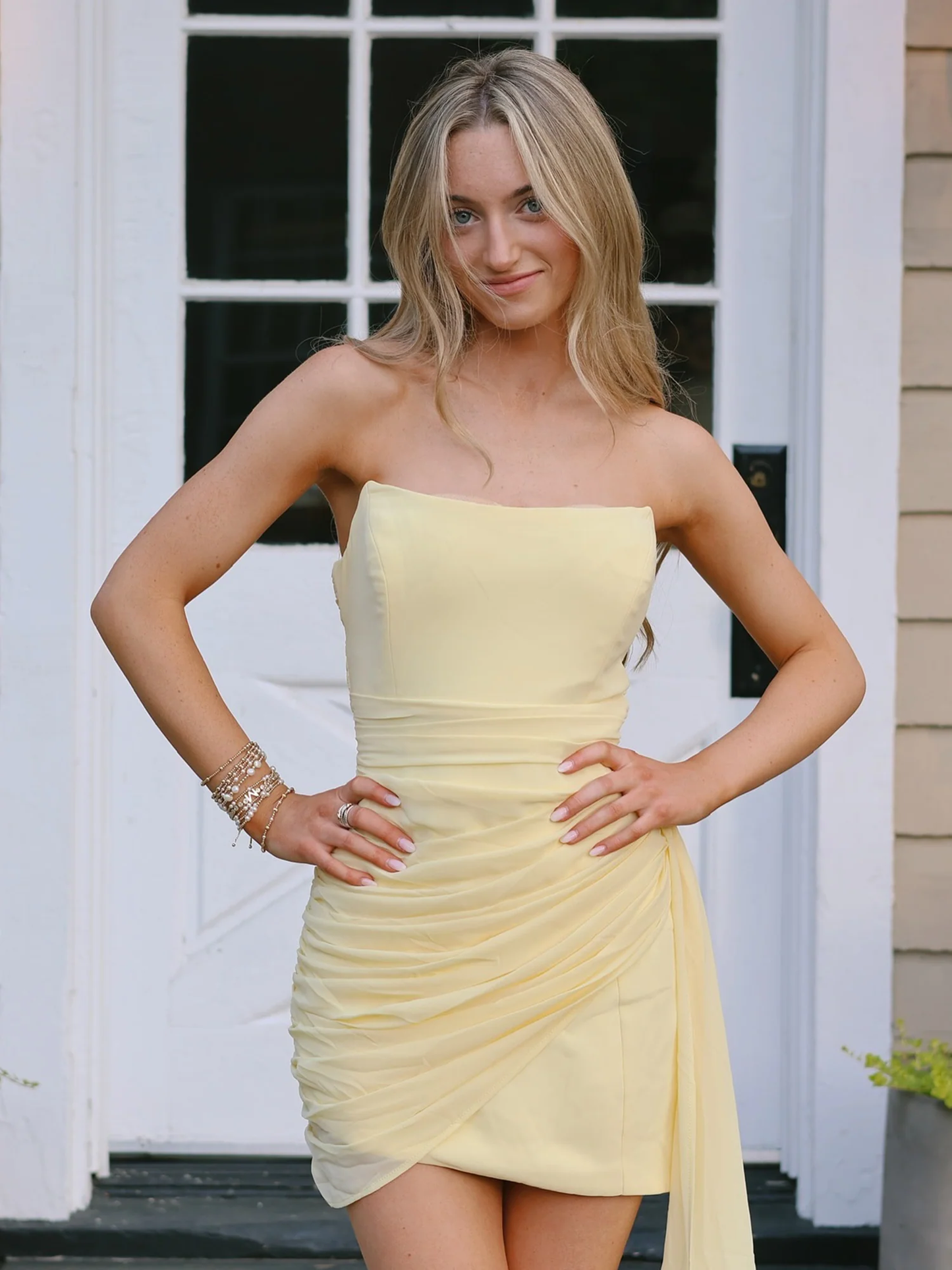 Yellow Strapless Homecoming Dress Short Prom Dress with Drape P4